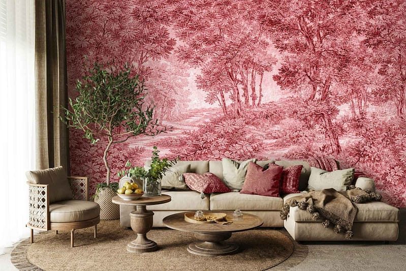 Red and white wallpaper with a detailed forest scene, featuring intricate tree patterns and natural woodland elements, decorates the wall.