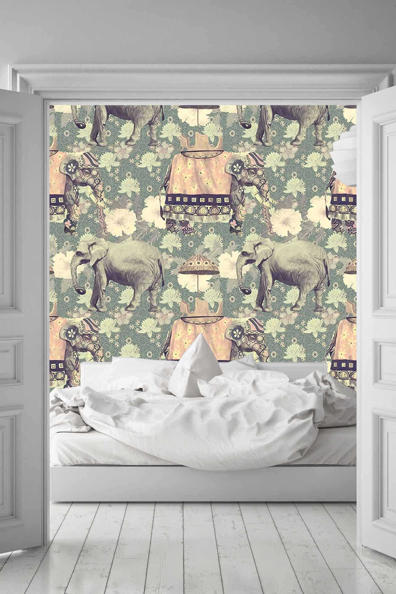Whimsical, vintage-style wallpaper featuring elephants, ornate carriages, and floral patterns in pastel shades inspired by a Calcutta morning.