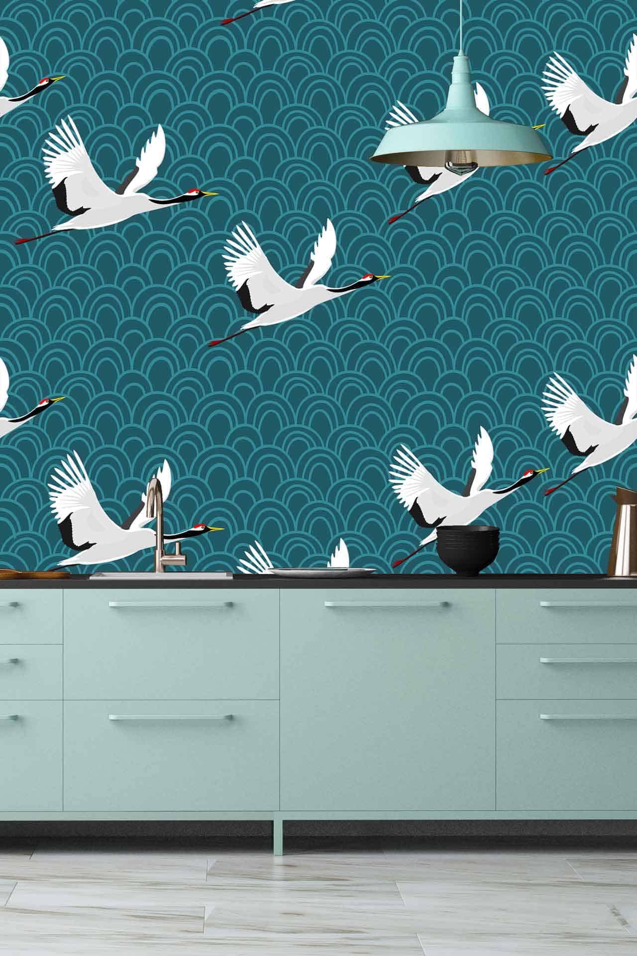 Teal wallpaper, white cranes, cranes heading north.