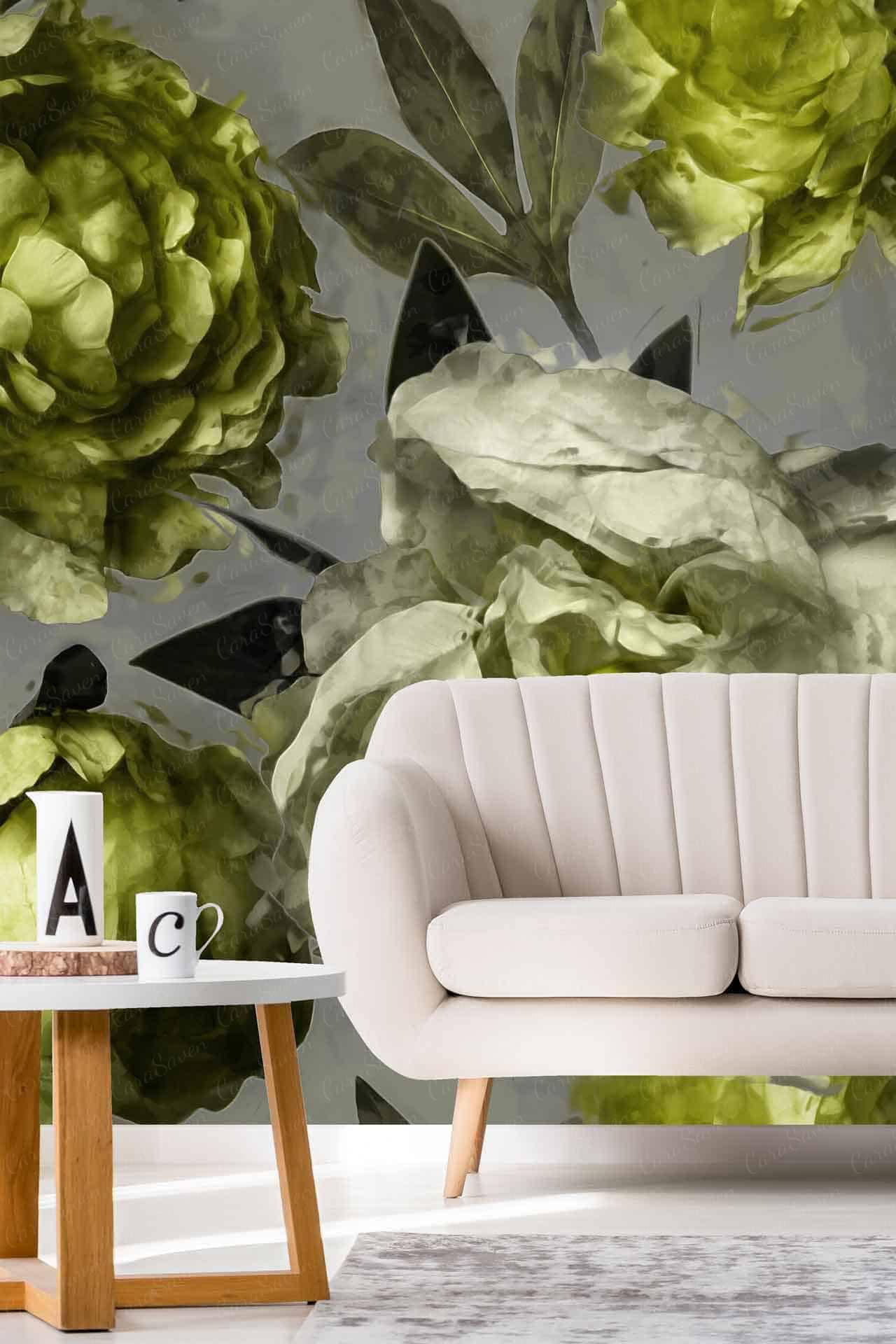 A modern living room showcases a striking floral wallpaper with predominant green hues accented by touches of bold lime, creating a vibrant backdrop.