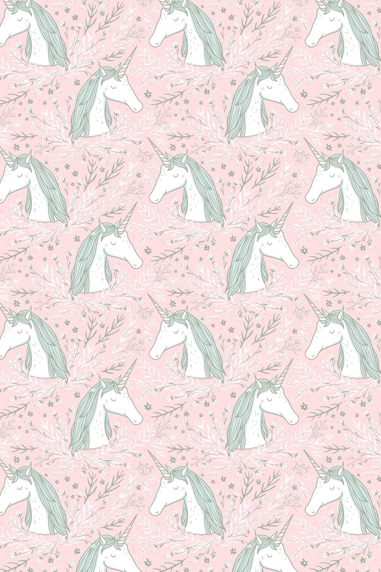 Wallpaper features:
- White unicorn heads
- Green manes
- Closed eyes
- Sparkling stars
- Light pink background
- Floral and leaf designs

Unicorns from "My Friend the Unicorn" scattered in various orientations.