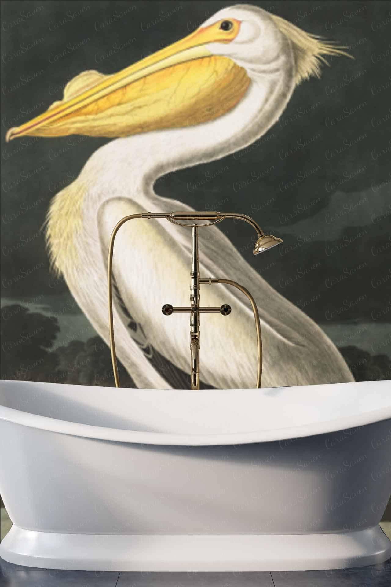 Vintage pelican mural, yellow pouch, dark green background.