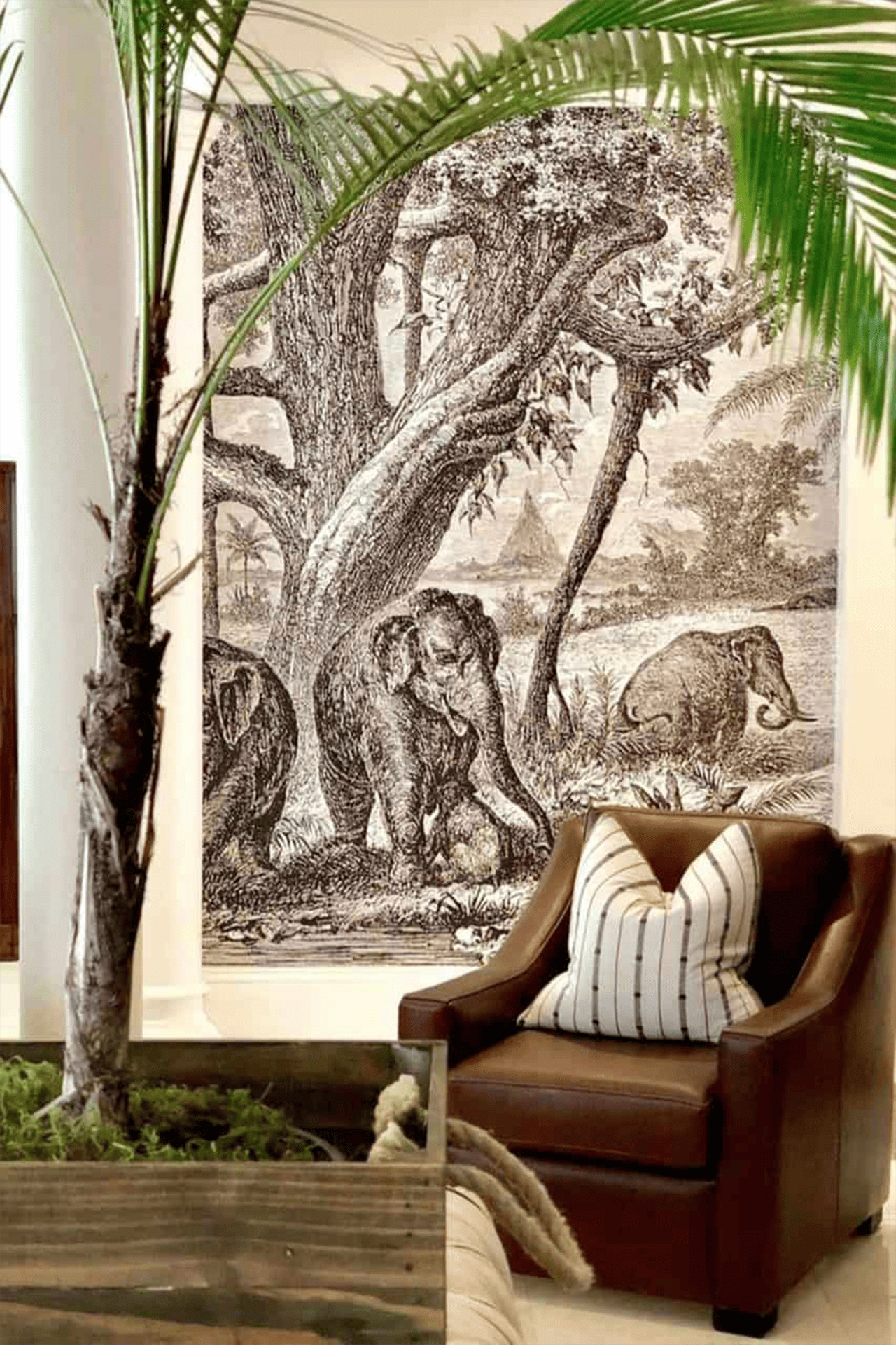 Study wallpaper, detailed tapestry, elephants, natural landscape, elements: elephants, trees. Colors: earth tones, green foliage, brown elephants.