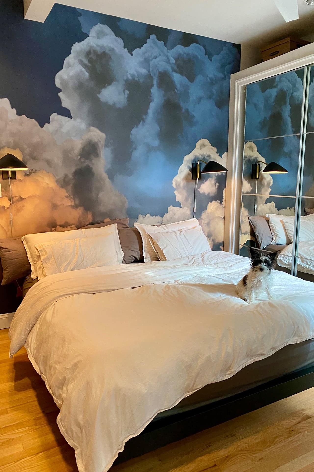 The wallpaper showcases a dramatic cloud mural featuring billowing, soft clouds in varying shades of white, gray, and hints of blue. This ethereal design adds depth and tranquility to the room. The palette uses cool tones predominantly while capturing the texture and movement of real clouds through subtle gradients and shadowing.