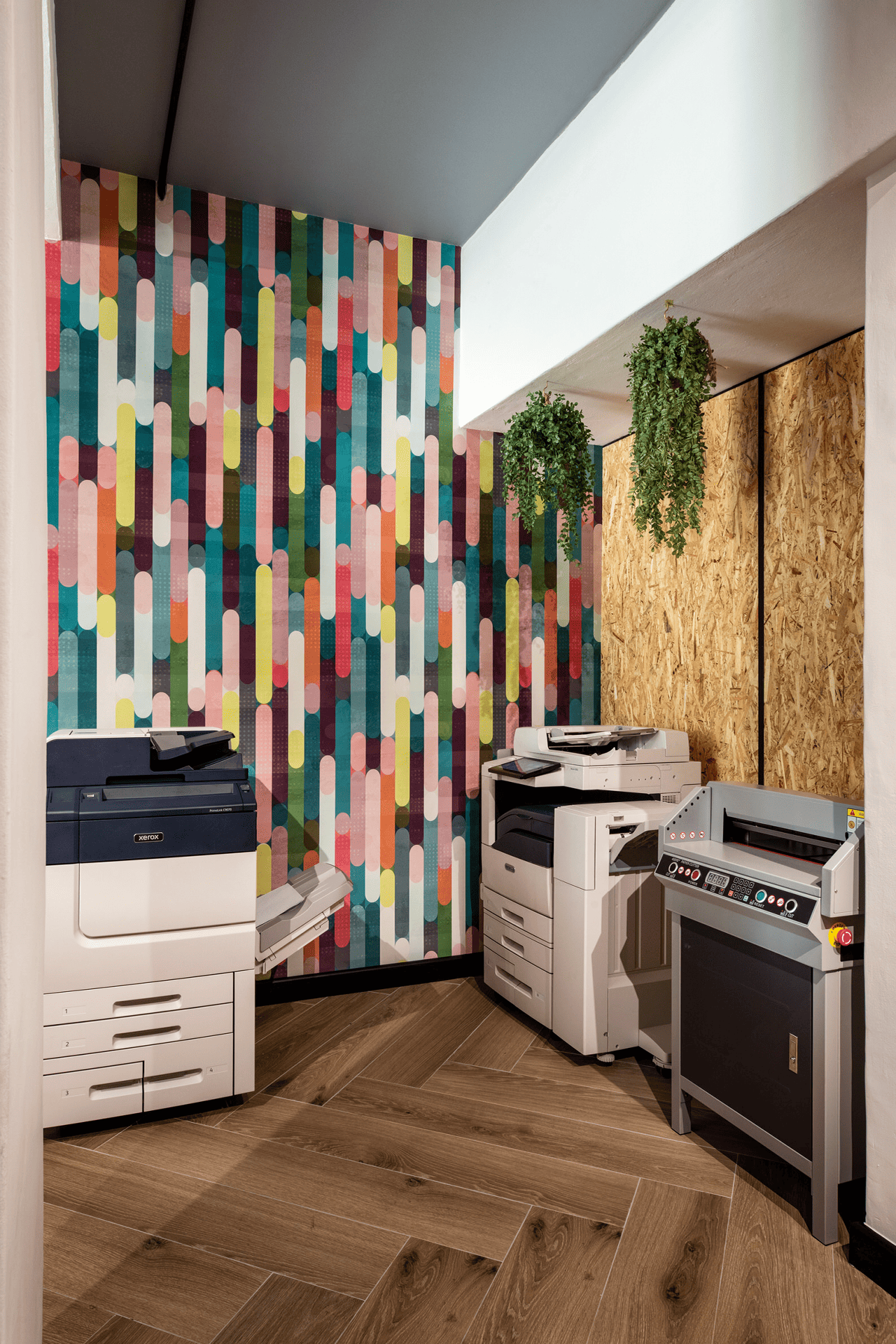 Vibrant office corner features multicolored geometric wallpaper adorned with stripes in pink, blue, green, and yellow hues. The bold design adds a dynamic touch to the space.