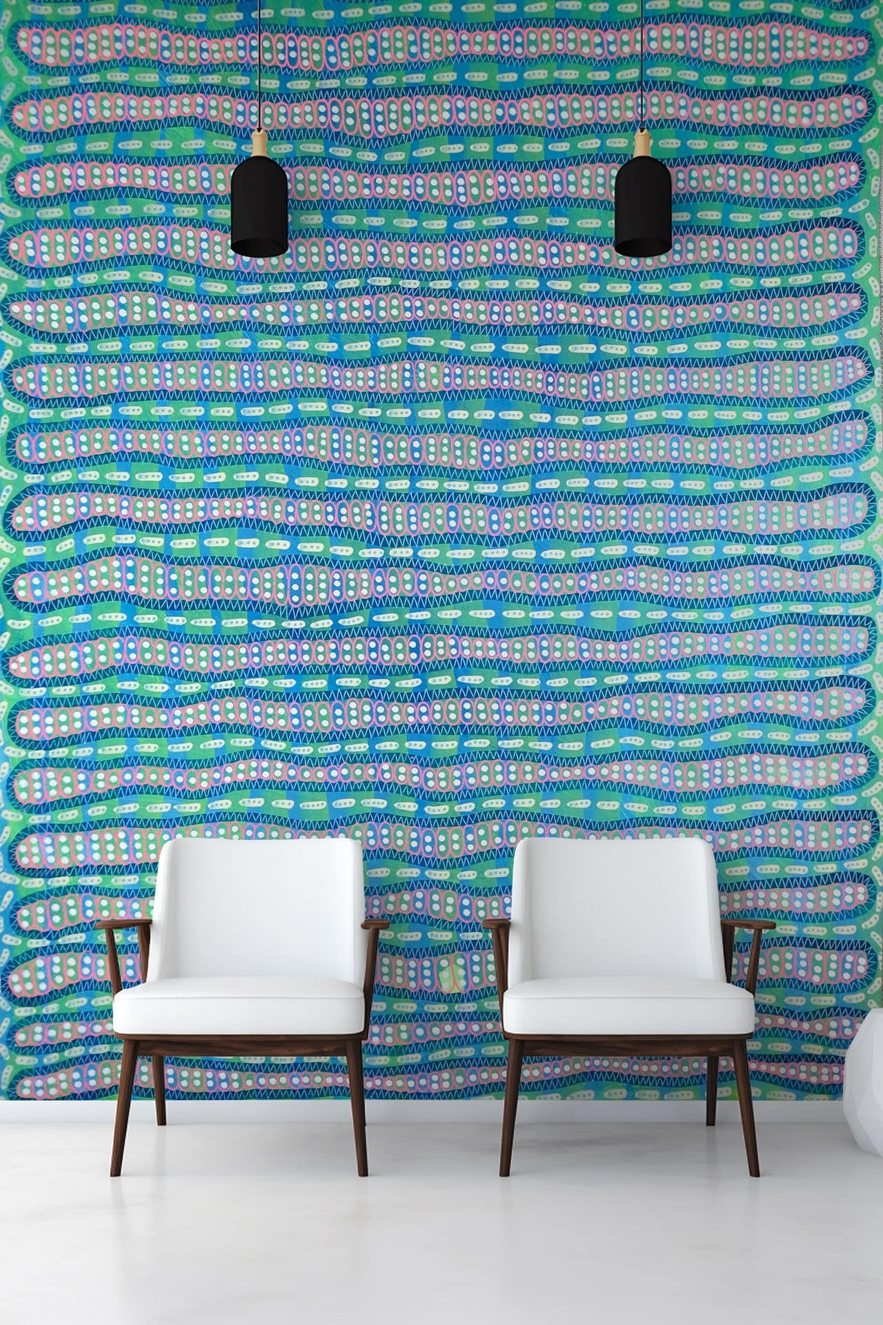 The wallpaper features a vibrant, abstract pattern in shades of blue, green, and white. It has an undulating, dynamic design with fluid shapes and lines creating a lively background. The elements include sweeping curves, swirling forms, and intertwining colors that produce a visually engaging effect.