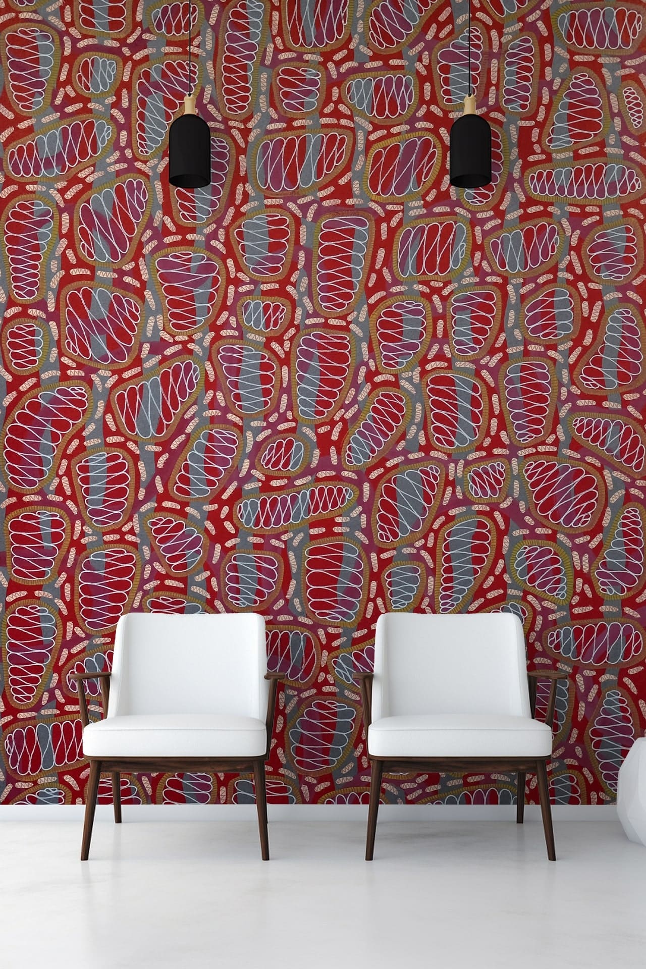 Vibrant red wall, abstract multicolored shapes, dynamic patterns.