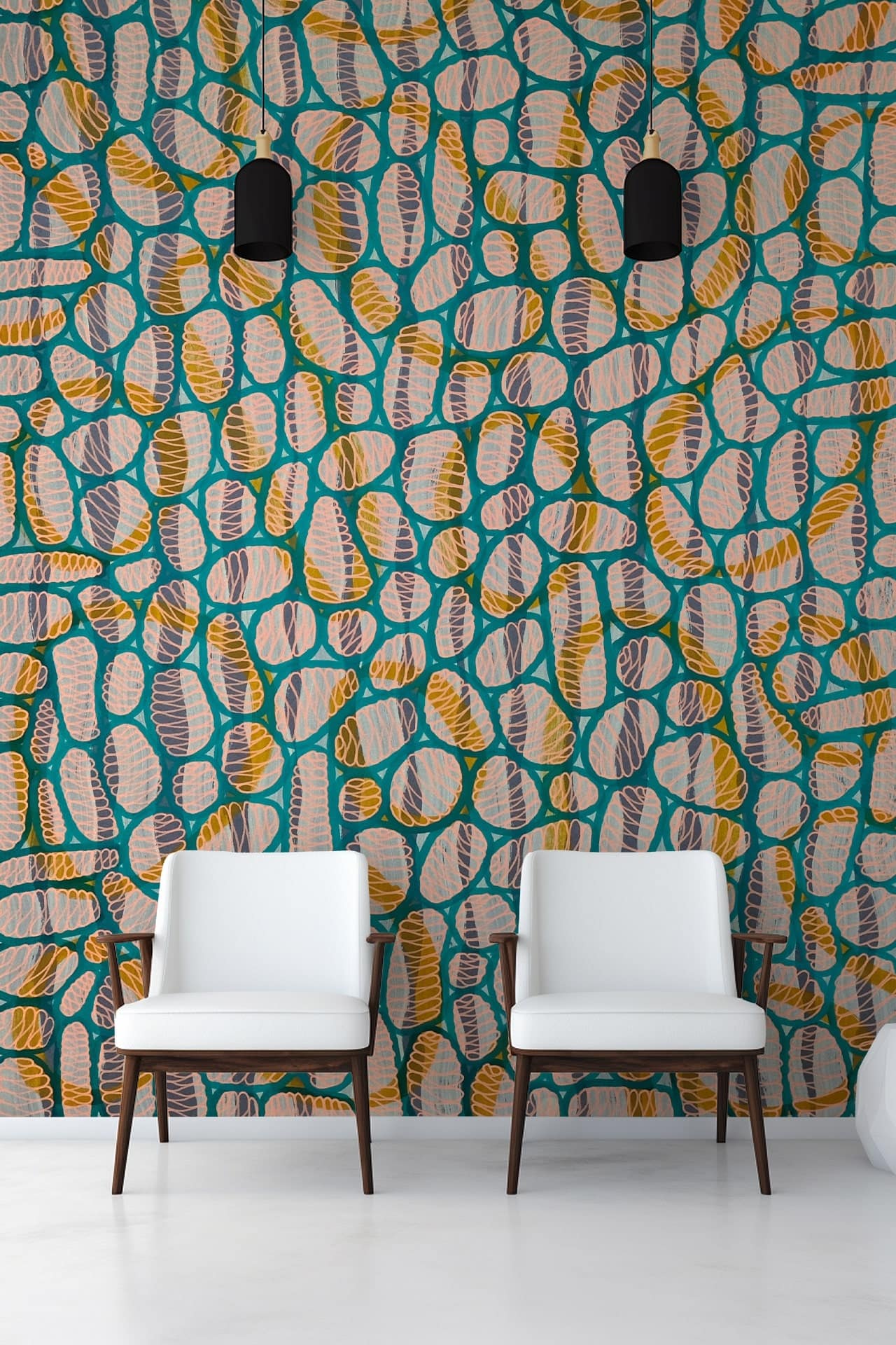 Vibrant, abstract-patterned wallpaper featuring dynamic shapes in blue, yellow, and brown.