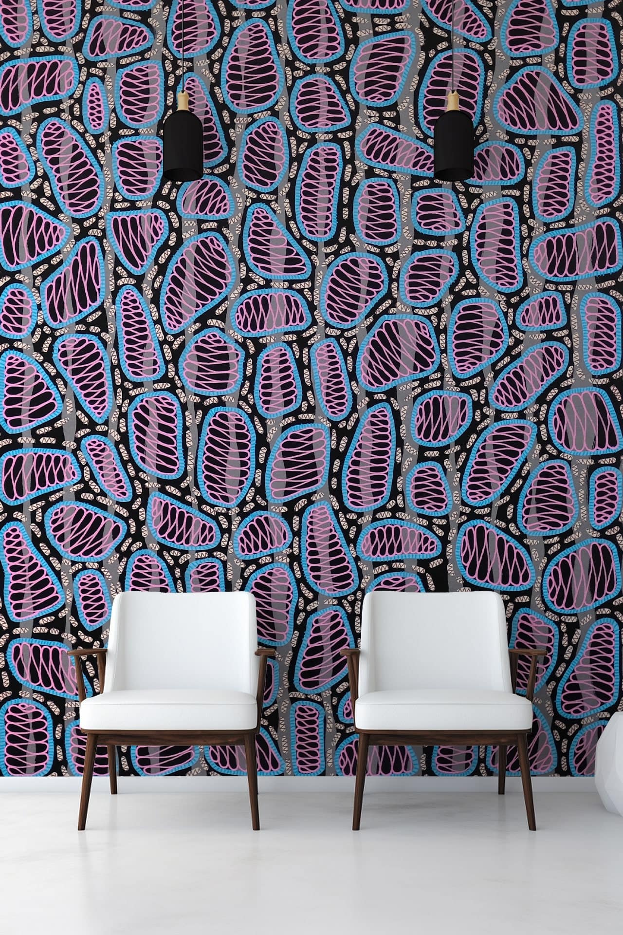 Vibrant, abstract wallpaper featuring multicolored organic shapes in shades of pink, blue, and black.