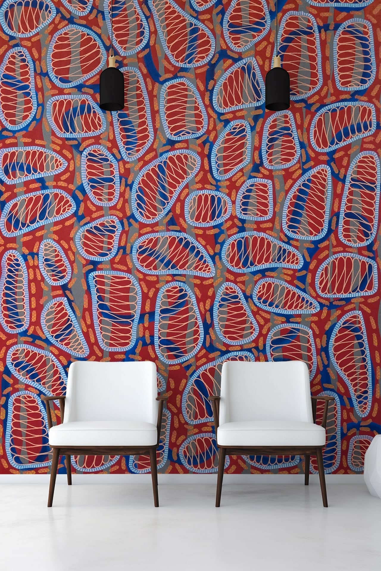 Brightly colored abstract wall mural with red, blue, and yellow patterns.