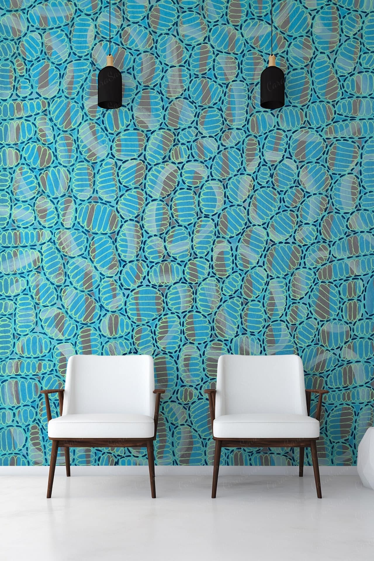 Bright, geometric teal and blue patterned wallpaper.