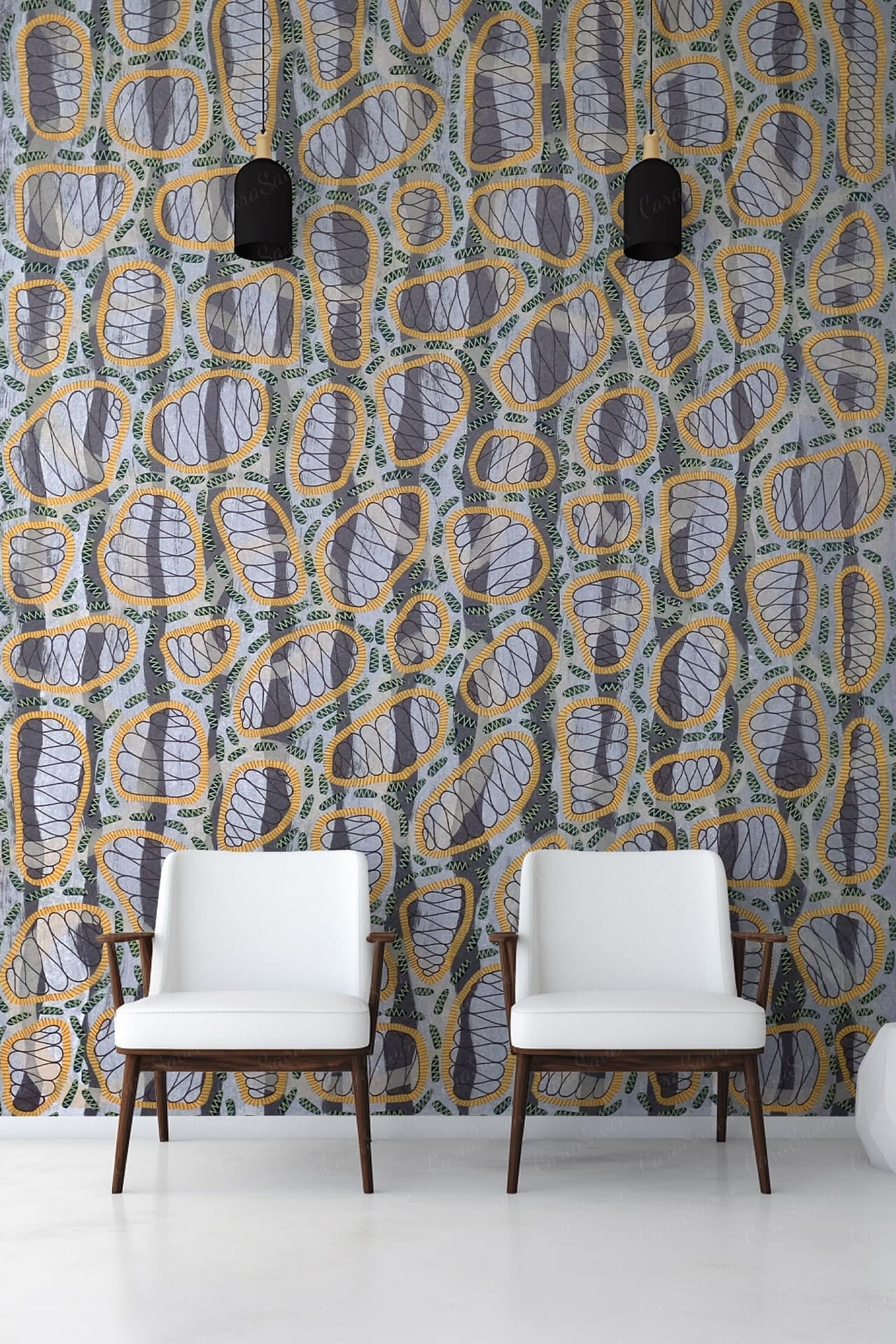 A modern interior features a wall with a colorful abstract pattern consisting of blue, gray, and yellow irregular shapes. This wallpaper stands out with its dynamic combination of colors and abstract elements, making it an eye-catching design choice.