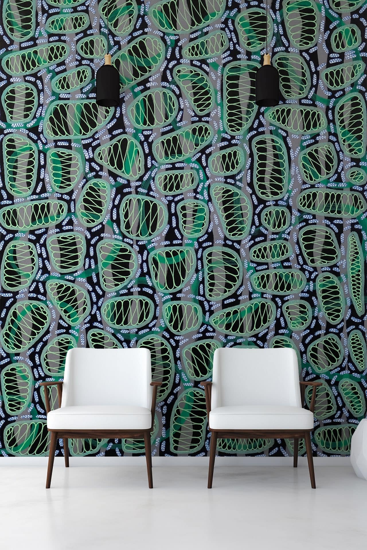 Bold, abstract green and black patterned wallpaper features light green oval shapes and intricate designs. Elements include:

- **Colors:** Green, Black, Light Green
- **Shapes:** Oval
- **Designs:** Intricate patterns

This wallpaper is a striking backdrop with a dynamic color contrast and detailed motifs.