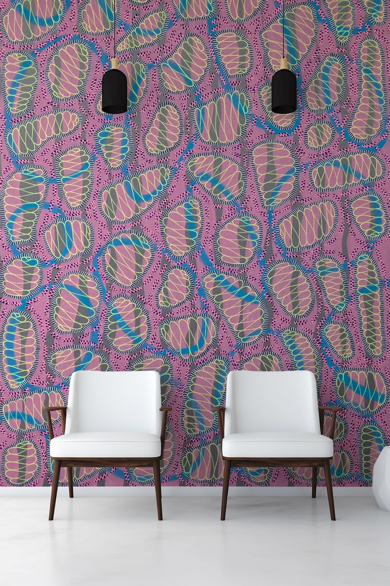Vibrant patterned wallpaper with pink, blue, and beige abstract shapes.