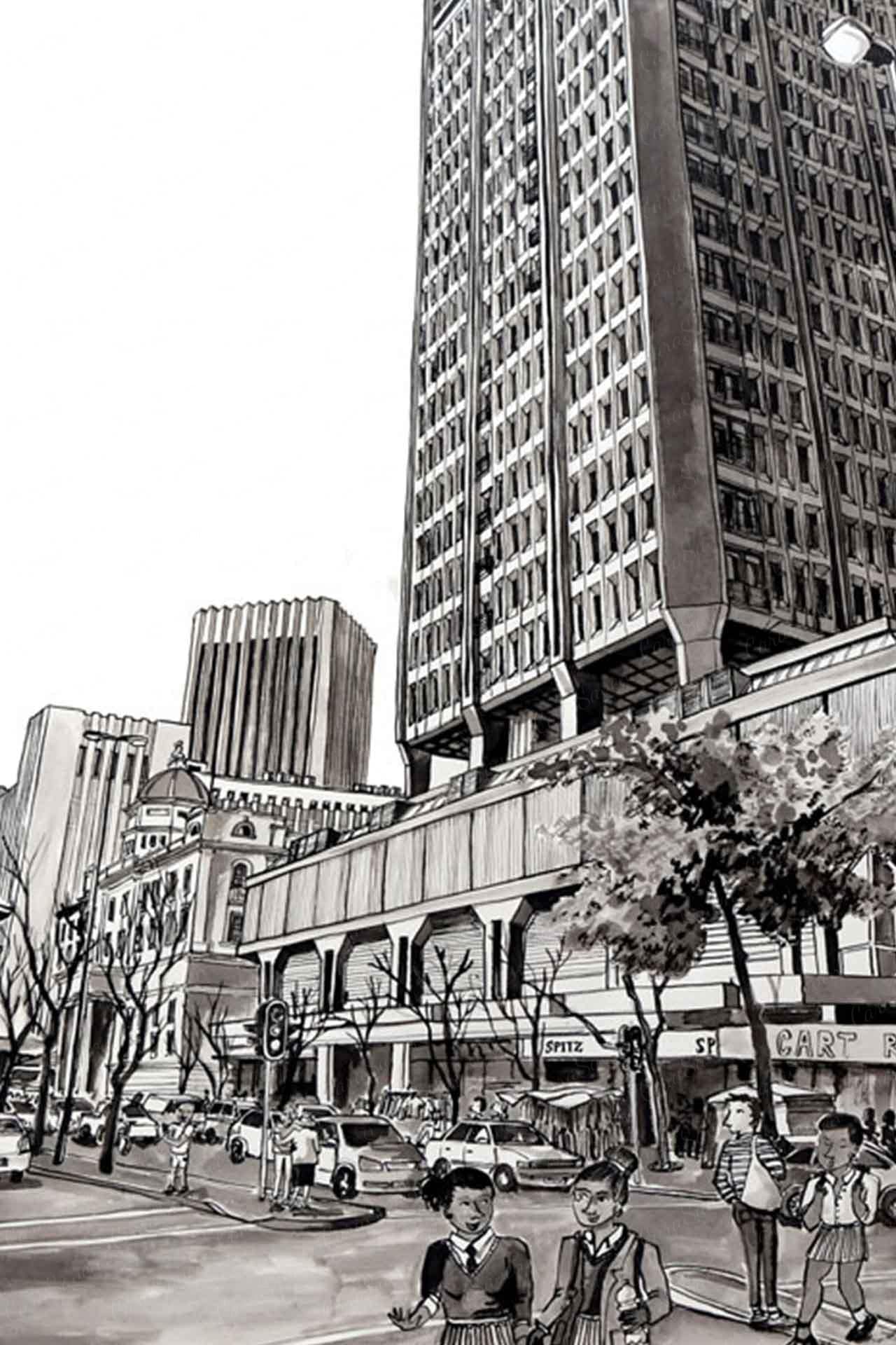 Black-and-white wallpaper design: depicts a lively city street near Sea Point Promenade. Elements include pedestrians, cars, tall modern buildings in the background, tree-lined sidewalks, and people interacting in the foreground. Predominant colors: black, white (greyscale only). Key highlights: busy urban scene, modern architecture, coastal promenade vibe, street life interaction.