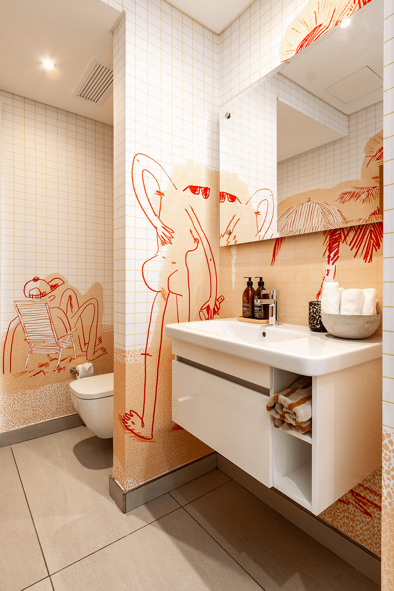 Beige wallpaper with playful red line art depicting lounging human figures. The design features minimalist, abstract outlines in vibrant red against a soft beige background.