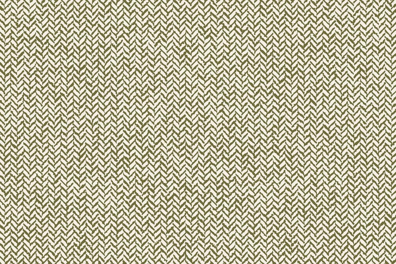 Beige and olive green zigzag herringbone wallpaper, featuring a repetitive woven pattern and textured look. Prominent beige and olive tones define the geometric design.