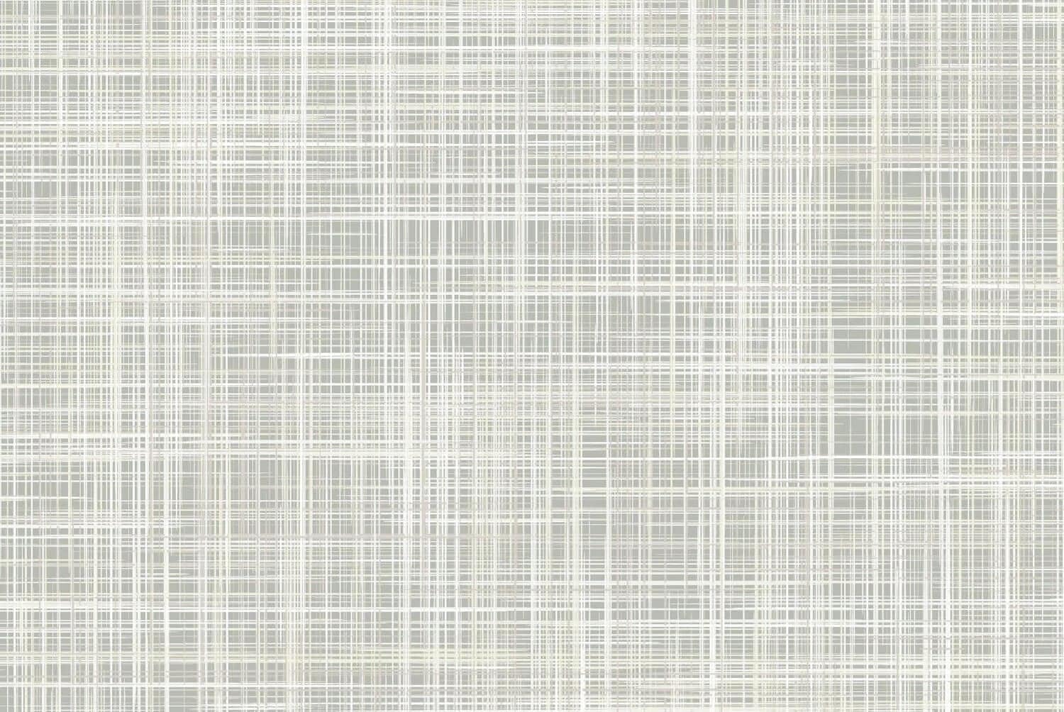 Gray and white wallpaper with a grid-like pattern, featuring intersecting thin vertical and horizontal lines that create a woven texture.