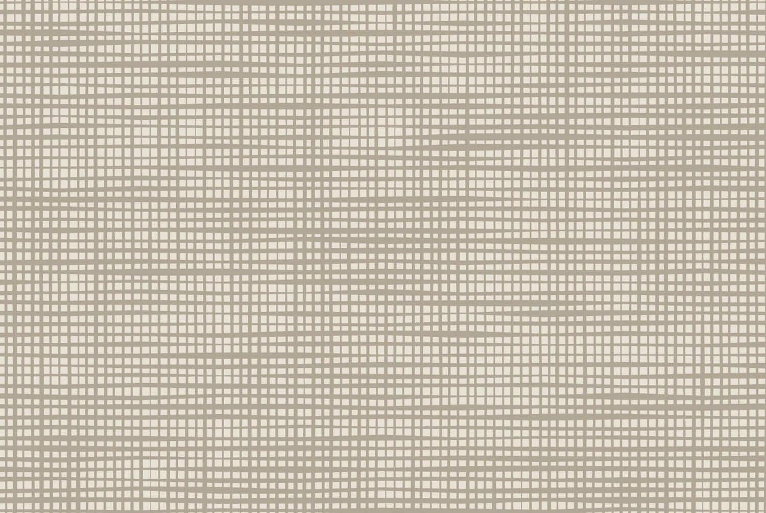 Beige grid wallpaper with intersecting horizontal and vertical lines forming small rectangles on a white background, creating a woven, textured look.