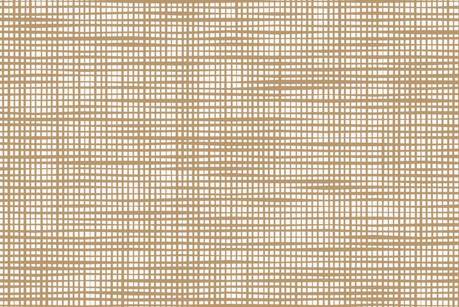 Tan grid wallpaper with intersecting horizontal and vertical lines, some slightly wavy, creating an irregular woven look on a white background.