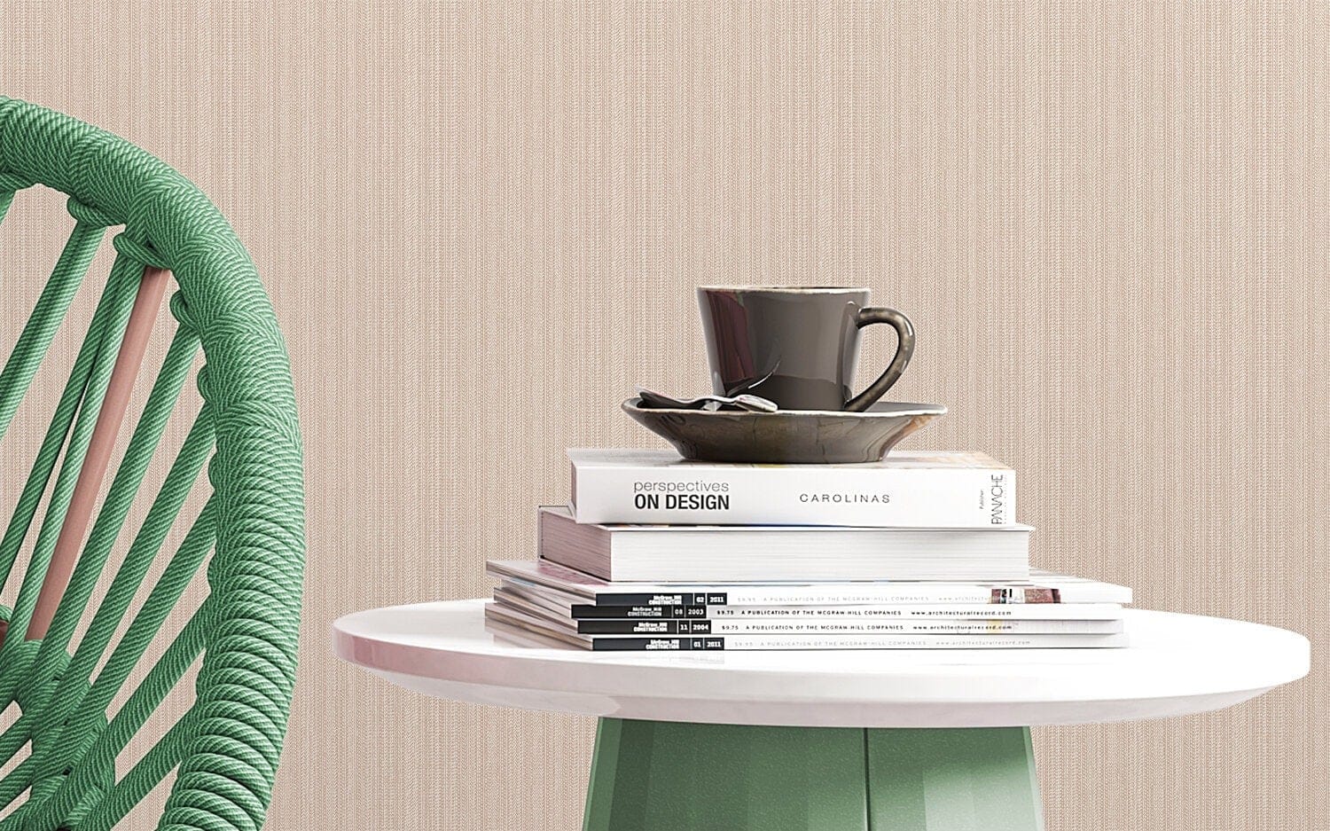 Textured beige wallpaper with subtle grain and a natural, earthy tone sets the background.