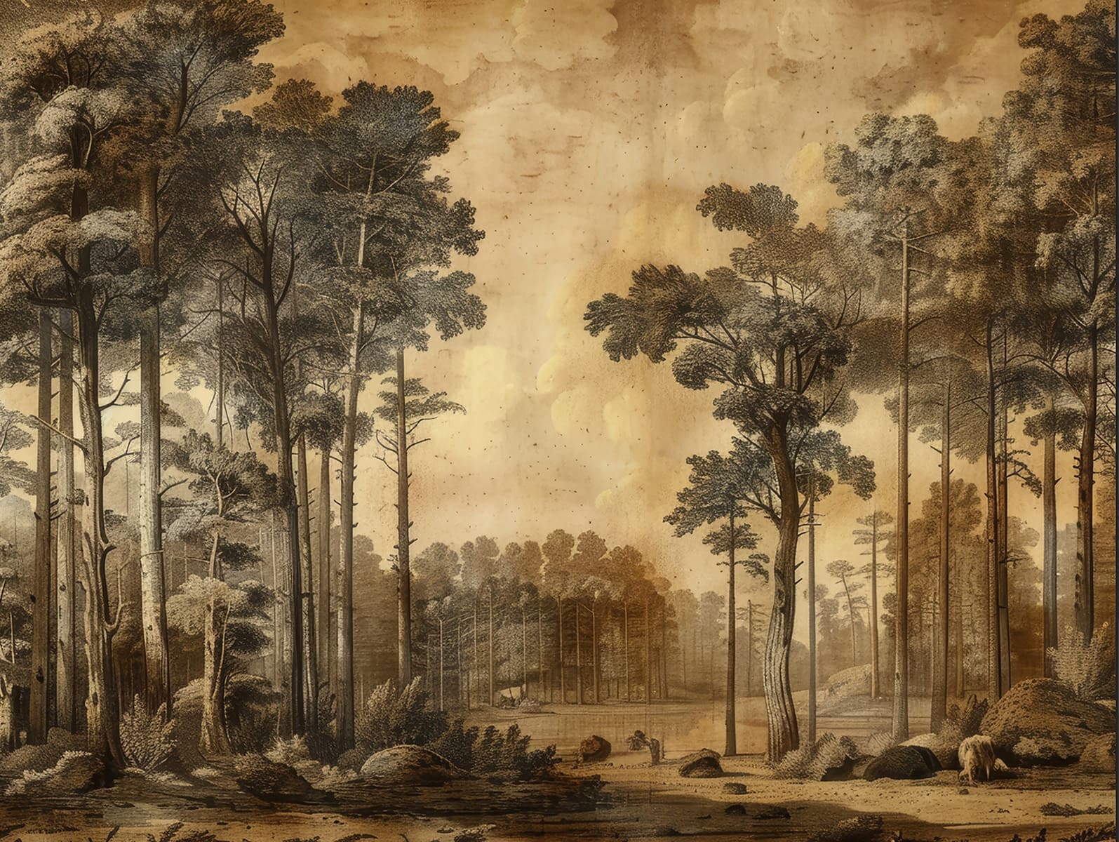 Sepia-toned wallpaper featuring tall trees, dense forest patterns, scattered rocks, subtle grazing animals, and distant figures. Antique-inspired landscape design with earthy brown hues and intricate natural details.