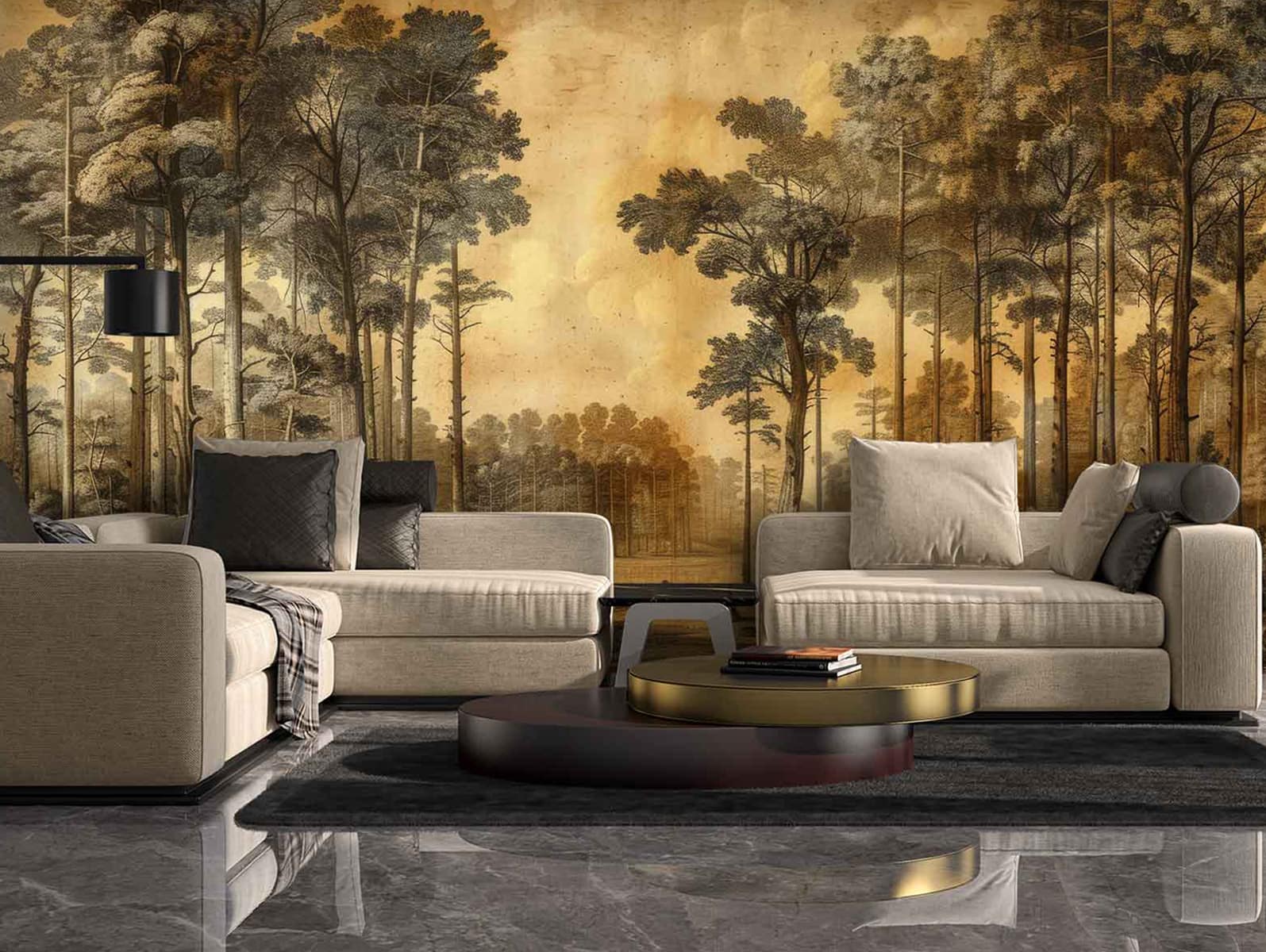 Sepia-toned wall mural featuring tall tree silhouettes with intricate branches and soft shading; neutral beige and brown hues dominate the wallpaper, creating a natural, woodsy ambiance.