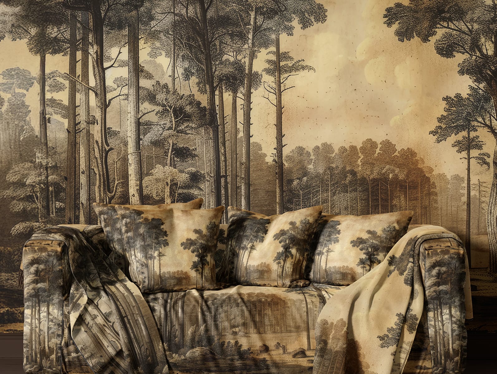 Sepia-toned wallpaper featuring a forest landscape with tall trees. The design showcases muted brown tones and a natural woodland scene, creating an immersive visual effect.