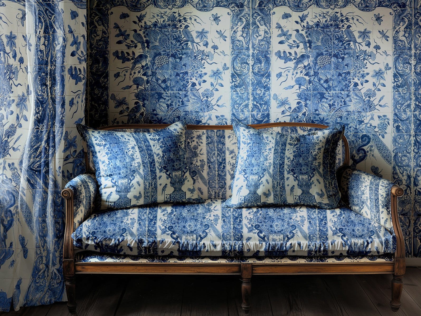 Blue and white floral-patterned wallpaper with intricate flowers and leaves covers the wall, featuring bold blue hues and crisp white accents. The detailed botanical design creates a striking, decorative backdrop.