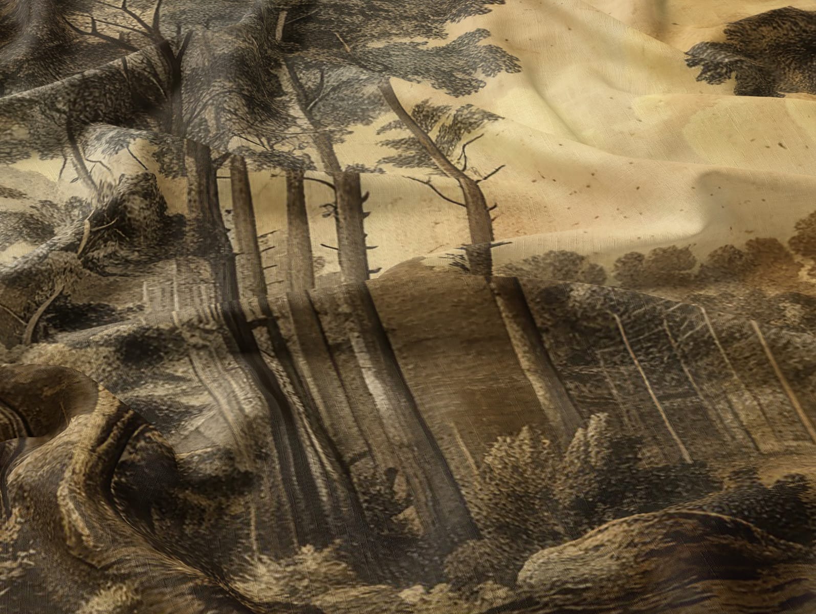Sepia-toned wallpaper with a vintage forest design featuring tall trees. Wrinkled fabric texture creates visible folds, accentuated by light and shadow. Earthy brown hues dominate the pattern, giving it an aged, antique feel.