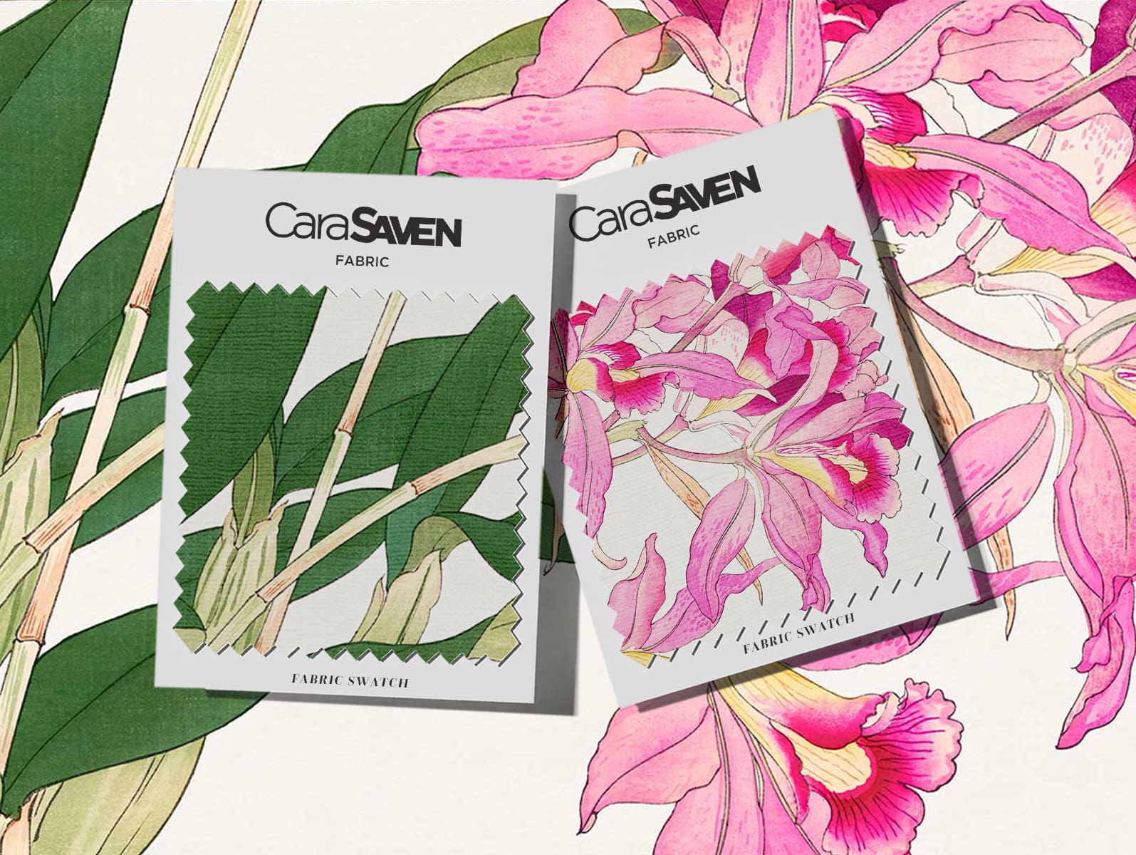 Floral wallpaper featuring large green leaves and pink orchid-like flowers, with botanical patterns in shades of green and pink.