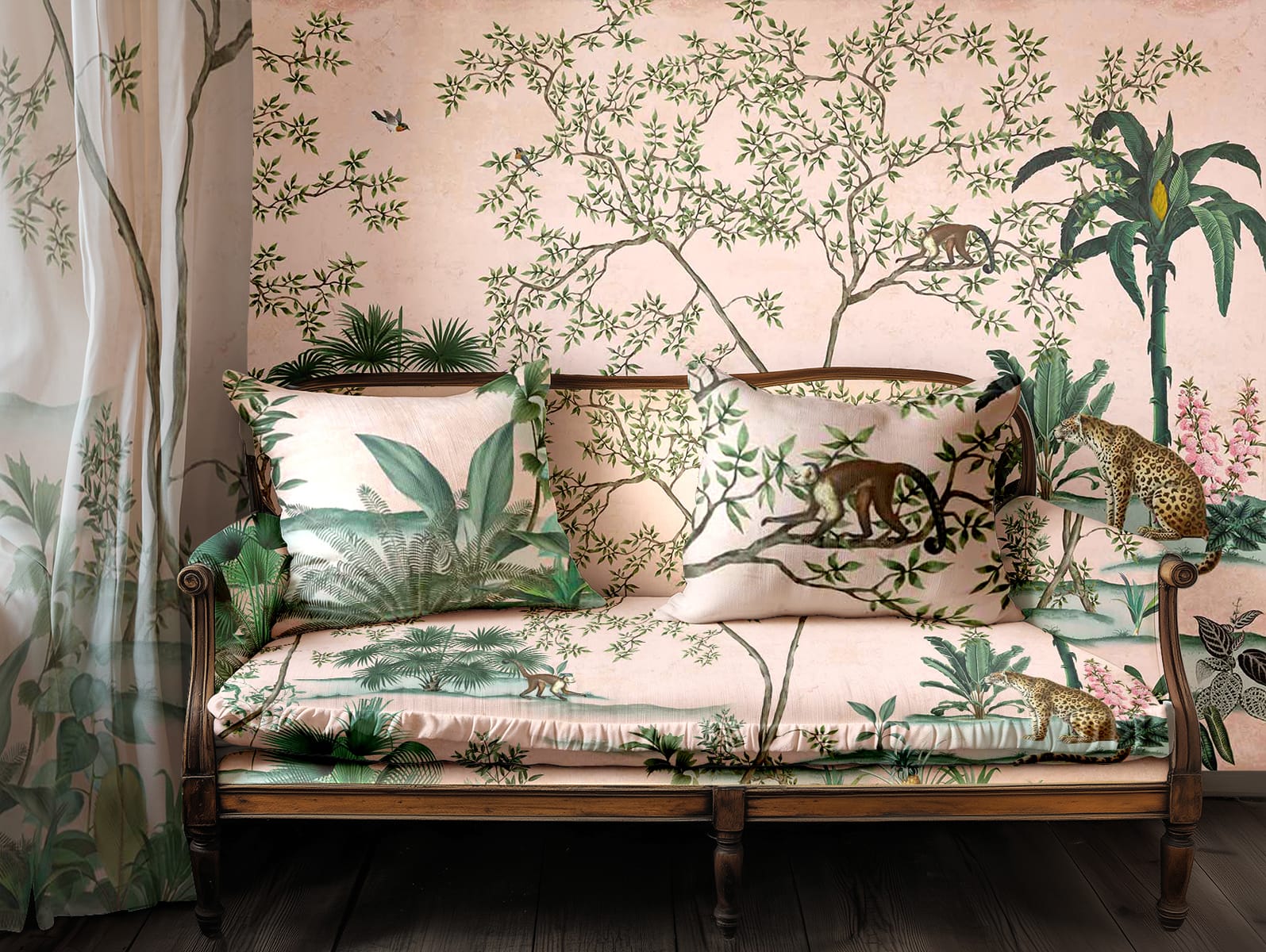 Lush tropical nature mural wallpaper with leafy plants and wildlife in soft pastel tones, featuring botanical and animal motifs in gentle greens, blues, and subtle pinks.