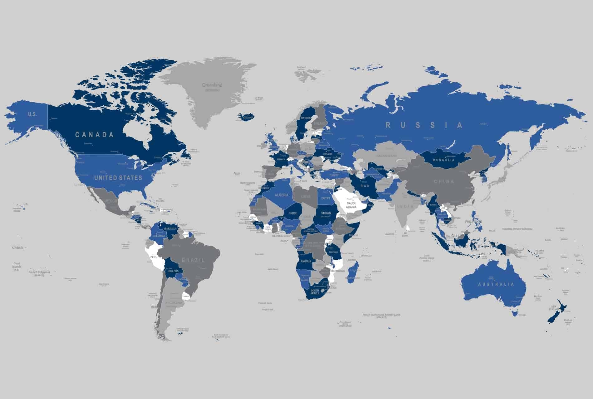 World map: 
- Dark blue: High-density (India, China)
- Blue: Moderately dense (Europe, Eastern USA)
- Gray: Moderate density
- Light gray: Low-density (Russia, Canada)

Keywords for search:
World map, countries by population density, high-density areas, dark blue India China, blue Europe Eastern USA moderate density gray low-density light gray Russia Canada.