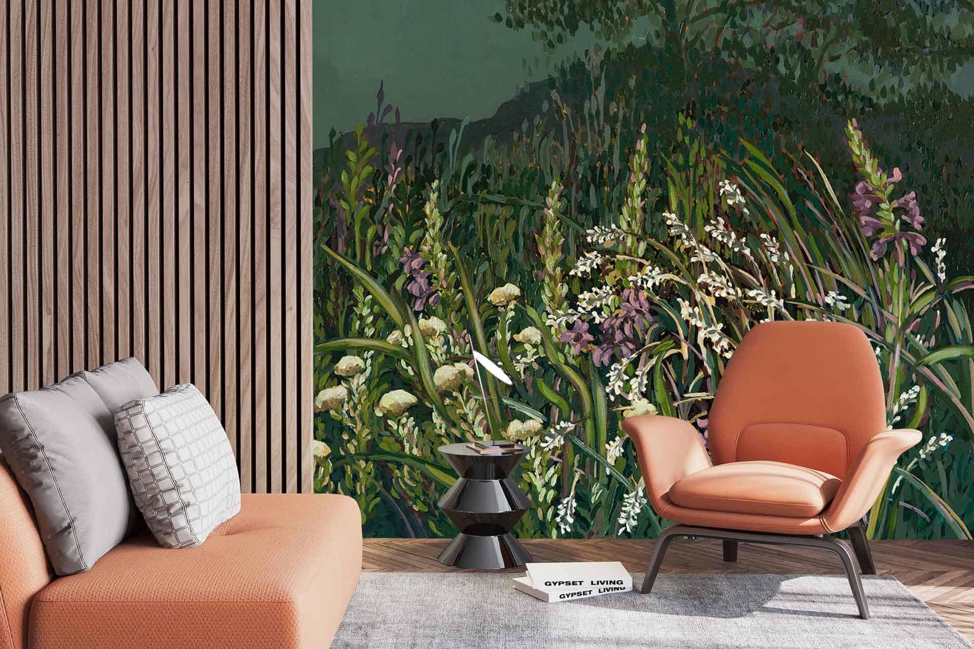 A vibrant wall mural depicting lush greenery and Watsonias. Elements include rich green foliage and clusters of pinkish-orange Watsonia flowers, creating a natural ambiance.
