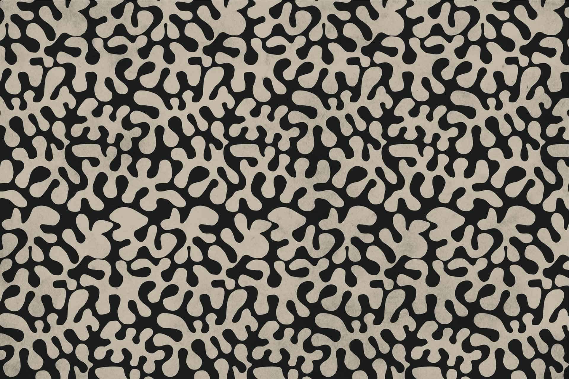 Abstract black and beige wallpaper featuring organic shapes. Beige forms dispersed unevenly across a black background, evoking coral or amoebas. Modern, chaotic yet engaging design with cultural and heritage texture nuances.
