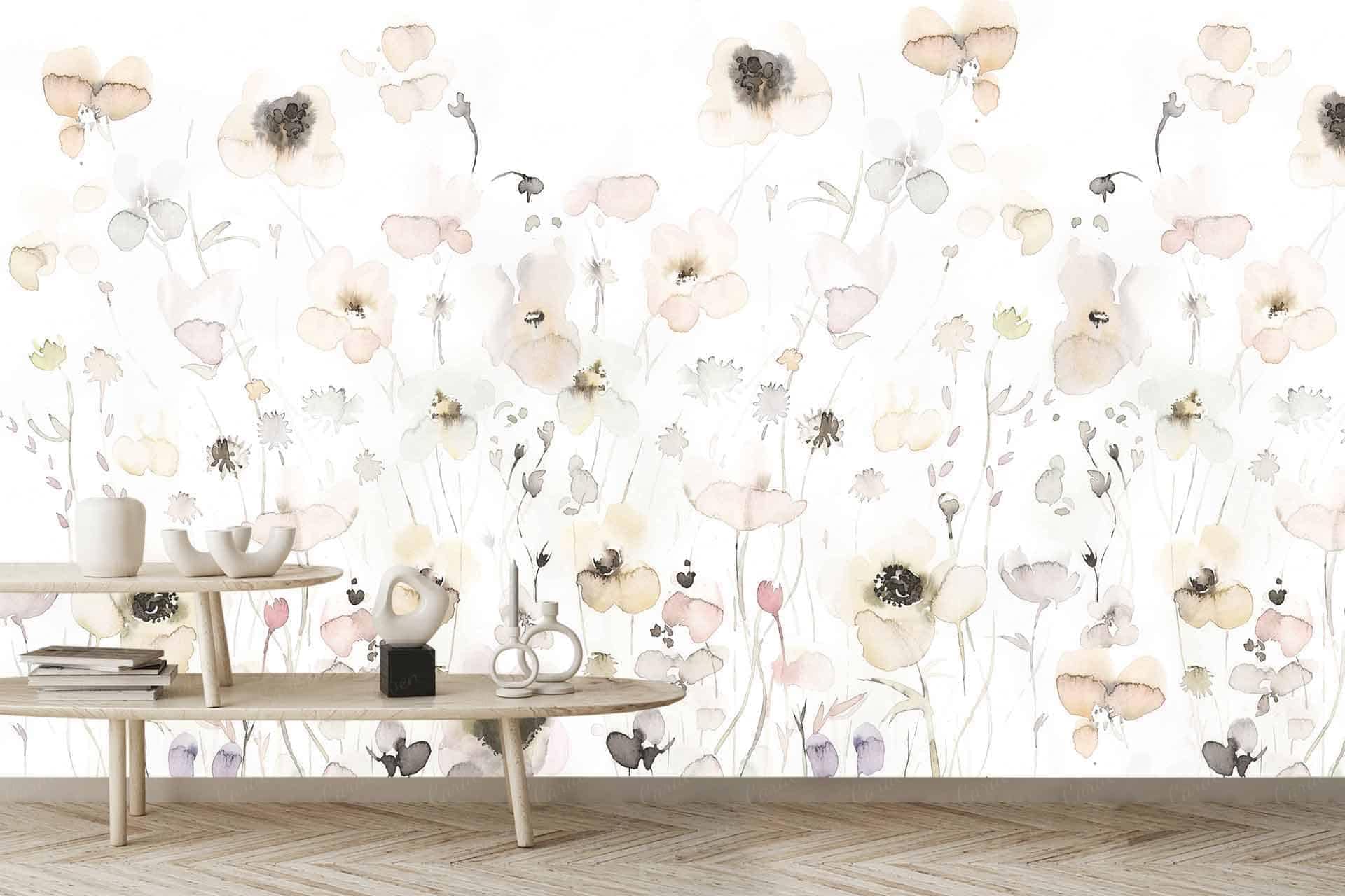 A light, airy room features a watercolor floral mural with delicate, pastel-colored flowers on a white background. The wallpaper includes soft hues such as blush pinks, lavender purples, and pale blues. Floral elements are intricately painted in a watercolor style.