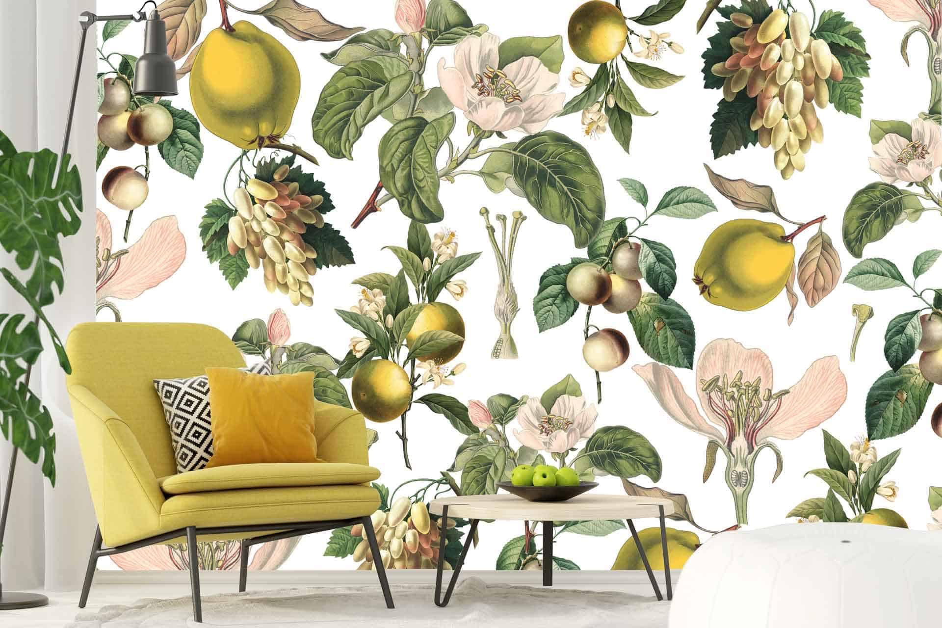 The "After the Rain" backdrop features vibrant botanical wallpaper with patterns of fruits and flowers. It includes vivid hues such as green, yellow, red, and pink. Elements like leaves, apples, berries, and various blossoms stand out prominently in the design.
