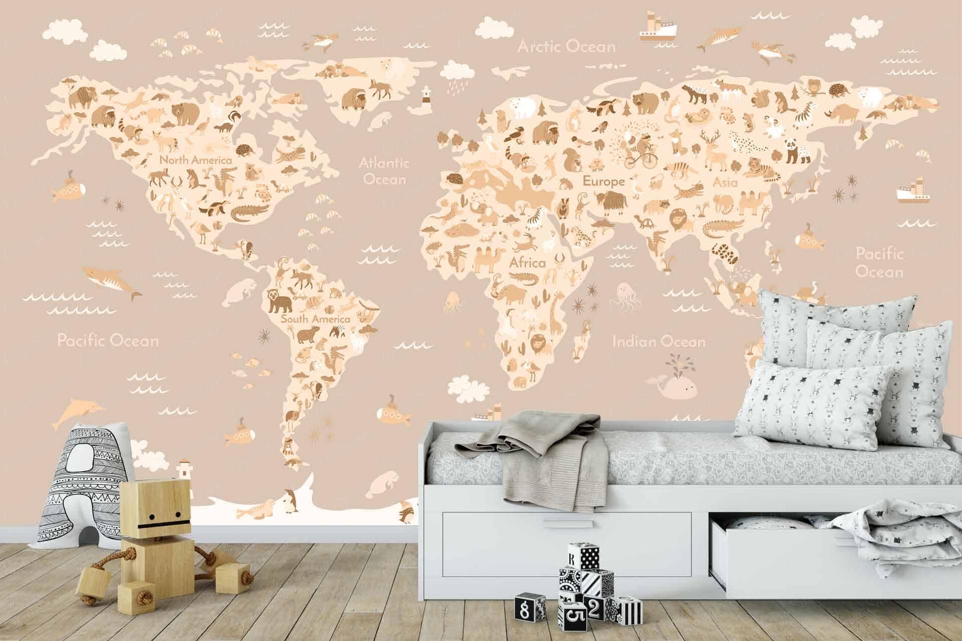 The wallpaper in the children's bedroom features a world map mural illustrated with colorful animals native to each continent. You will find elephants and lions in Africa, kangaroos in Australia, pandas in Asia, penguins in Antarctica, bison in North America, llamas in South America, and various birds throughout. The mural is vibrant with shades of blue for oceans, green and brown for landmasses, and an array of bright colors like red, yellow, and orange marking different animals. This whimsical design brings global diversity to life with playful illustrations perfect for a child's room inspired by "It's a Small World.