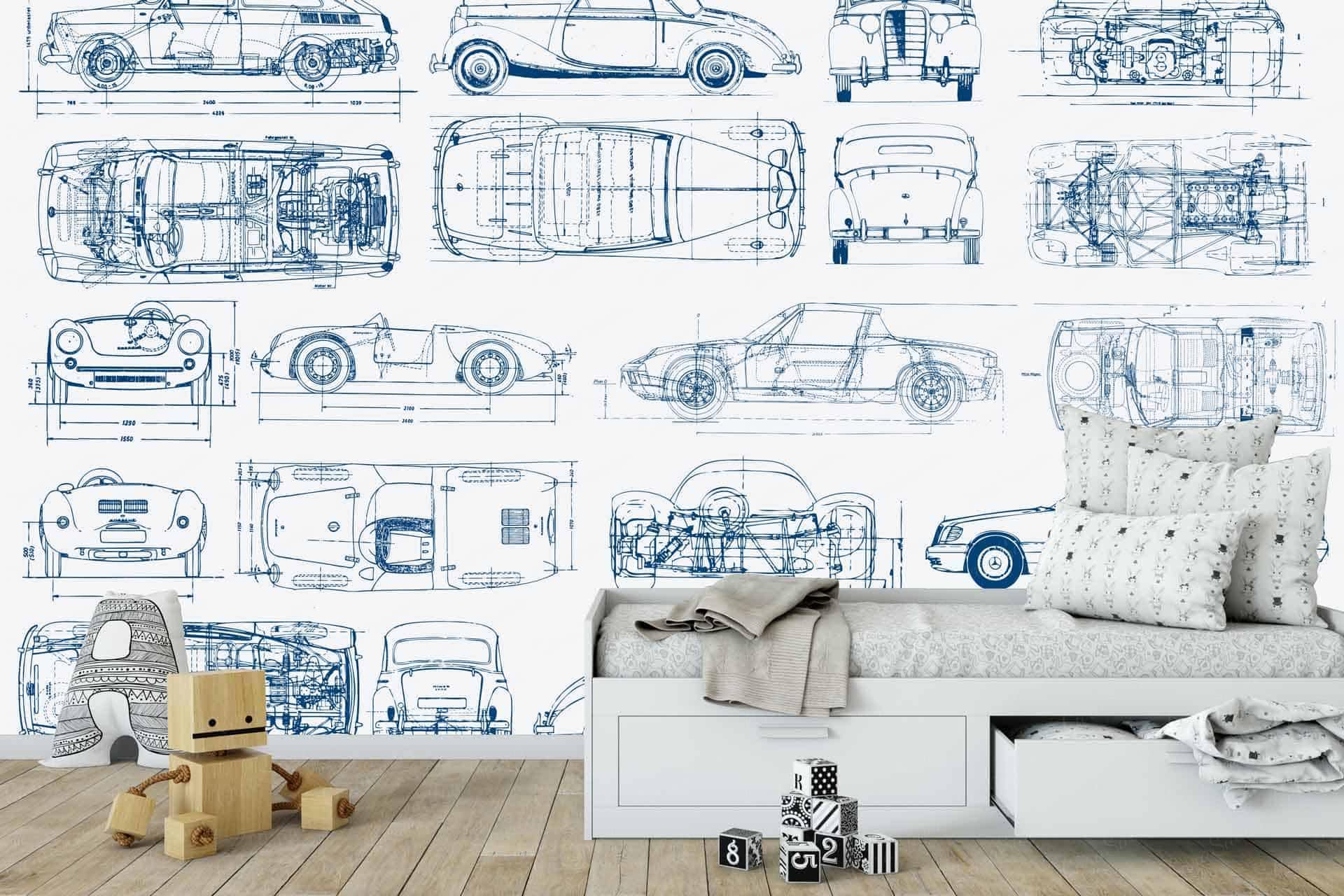 The wallpaper displays intricate blueprints of various cars, with detailed sketches in shades of blue. It resembles a Motor Museum exhibit.