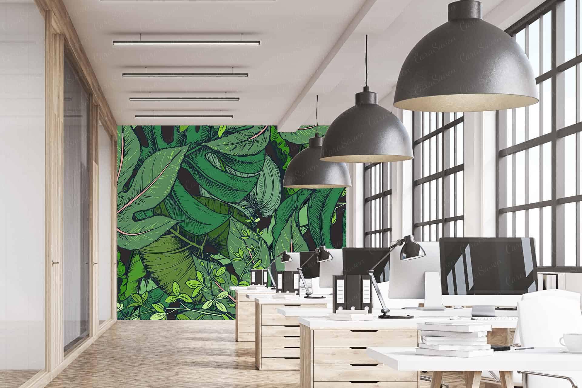 The wallpaper features a vibrant green leafy mural, showcasing various shades of green from deep forest to bright lime. Elements include intricate leaf patterns with veins, lush foliage, and natural textures that bring a lively and refreshing feel to the office space. The rich greens stand out vividly against any neutral background, adding an invigorating touch of nature.