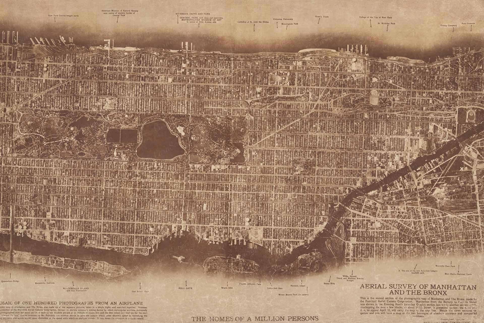 Sepia-toned wallpaper featuring a vintage aerial survey map of Manhattan and the Bronx. Detailed grid showcasing streets, parks, landmarks, and waterways. Emphasis on dense urban structure with an intricate layout. Antique appearance highlighted by brown and beige hues.
