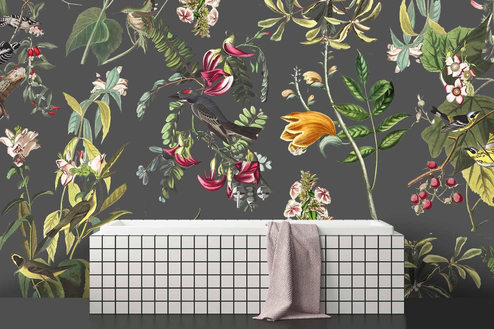 The wallpaper, inspired by the World of Birds, showcases a lush botanical theme with detailed illustrations of flowers, birds, and foliage. Colors found include rich greens from the foliage, vibrant reds and pinks from the flowers, and varied hues in bird plumage like blues, yellows, and browns.