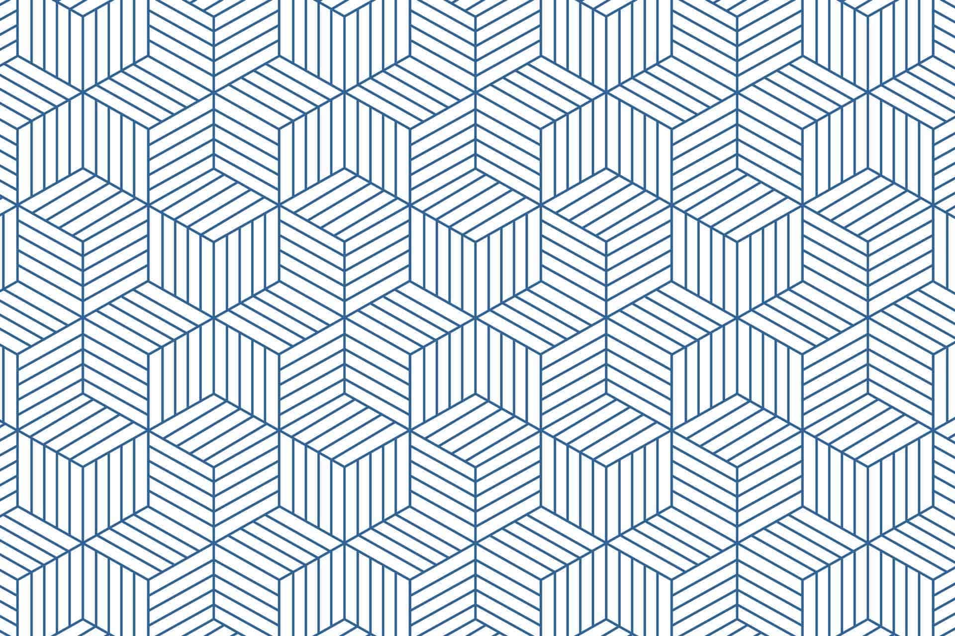 A seamless geometric wallpaper featuring blue hexagons and cubes formed by diagonal lines. The pattern creates a three-dimensional, optical illusion effect on a white background. Perfect for adding a poly touch to your Wednesday decor. Colors include shades of blue and white.