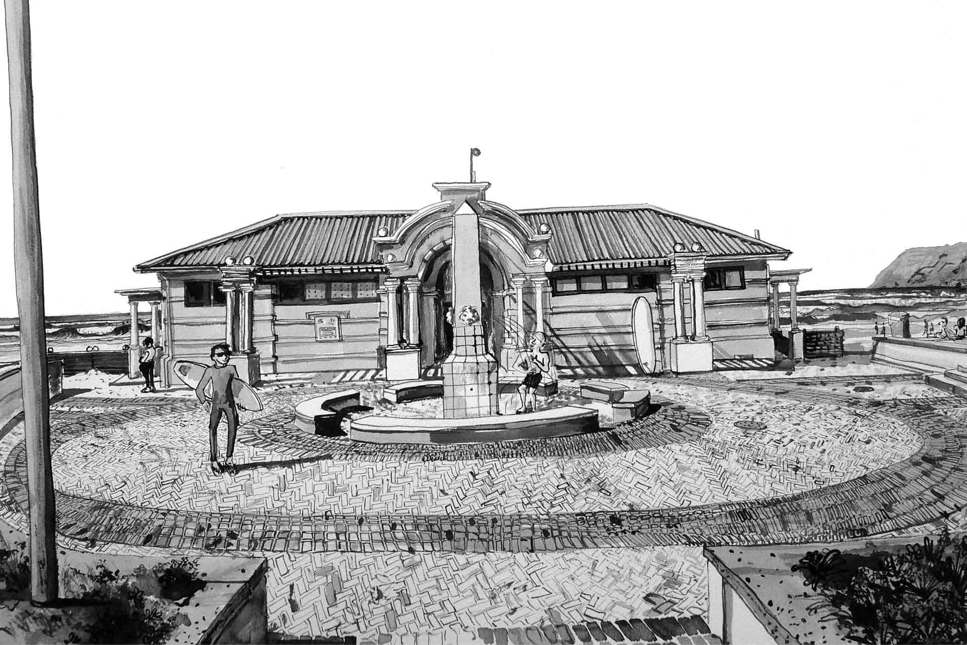 A black and white wallpaper illustration featuring a coastal building with a domed entrance in the center, inspired by Muizenberg's charm. Central circular fountain on a patterned paved area. Ocean and Surfers Corner's rocky outcrop in the background. Sparse vegetation frames the foreground. Key elements: domed building, circular fountain, patterned pavement, ocean, rocky outcrop, sparse vegetation. Colors: Black and white.