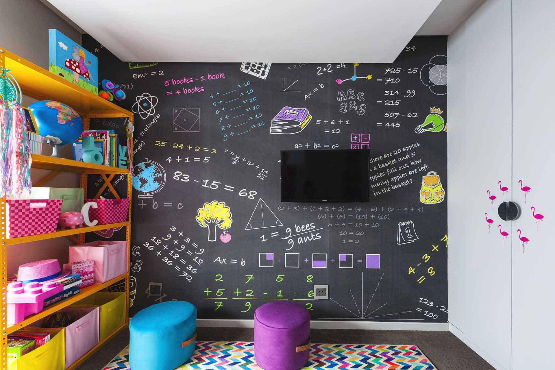 The wallpaper in the classroom features a playful, colorful design with shades of bright blue, sunny yellow, and vibrant green. The pattern includes whimsical shapes and cheerful illustrations that stimulate creativity. Scattered among the designs are cute animals like owls and butterflies, abstract patterns of stars and spirals, and educational motifs such as books and pencils. The overall effect is lively and engaging, perfectly enhancing the room's joyful atmosphere.