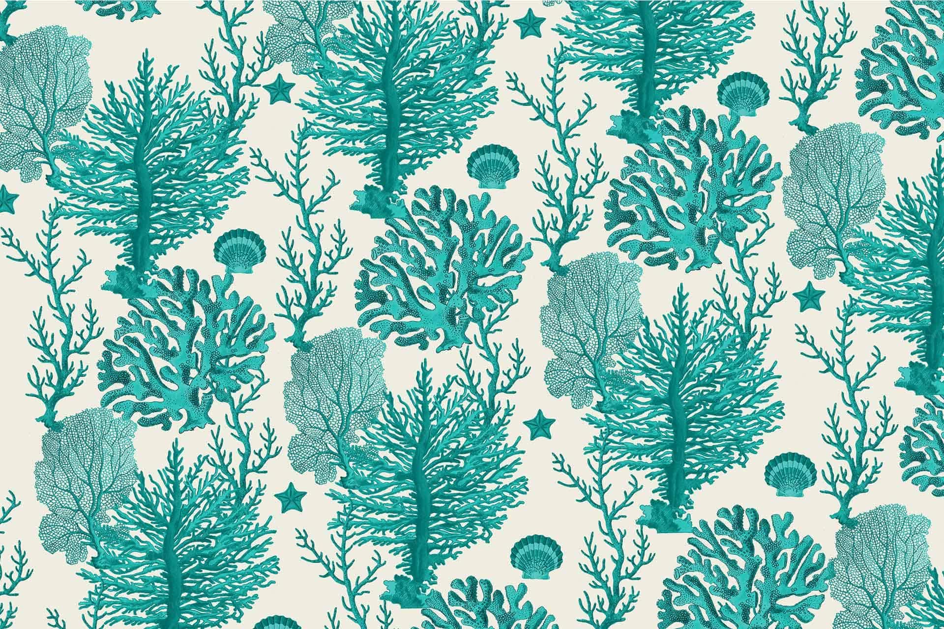 This wallpaper design features a detailed pattern of **teal and blue corals**, **starfish**, and **sea flora** on a light background. The repetitive design captures an underwater scenery, perfect for ocean-themed decor or textiles. Key elements include various shades of teal and blue, intricate coral structures, diverse starfish patterns, and delicate sea plants. The light backdrop enhances the vibrant aquatic colors making them stand out vividly.

Key Elements:
- Teal corals
- Blue corals
- Starfish patterns
- Sea flora

Colors:
- Various shades of teal
- Different hues of blue
- Light background