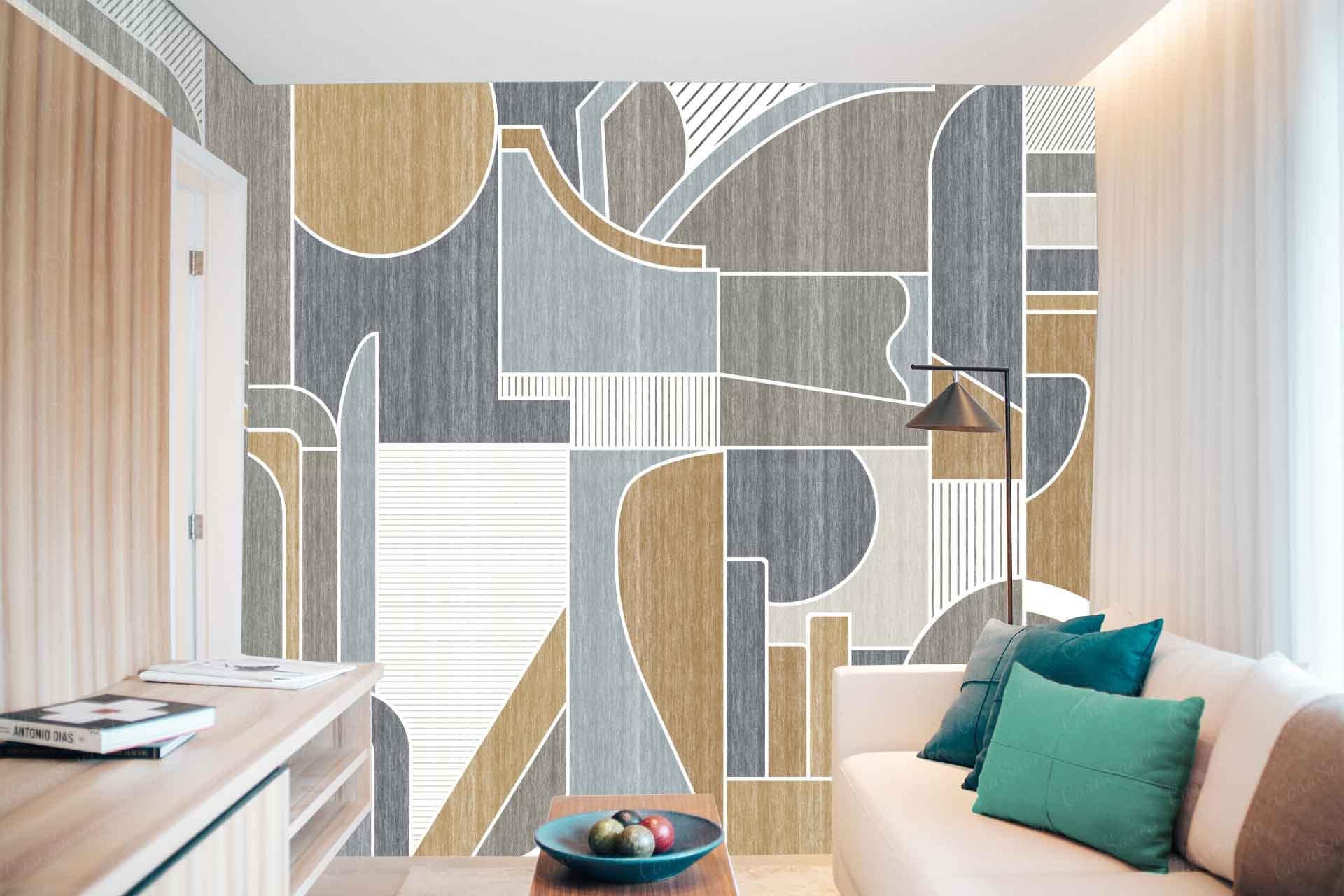 Abstract geometric patterned accent wall in shades of grey, beige, and white.