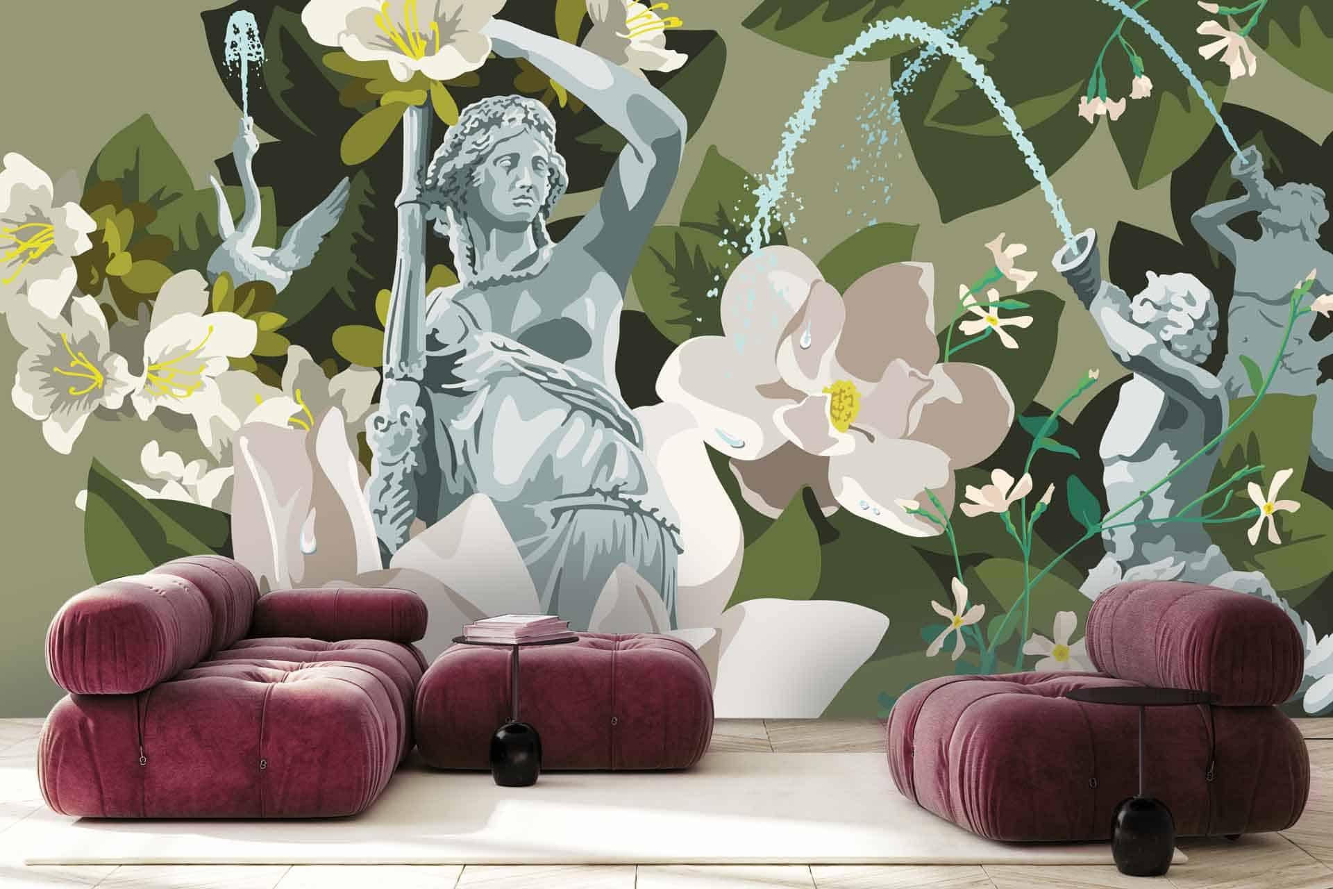 A large, vibrant mural depicting statues, blooming flowers, and birds. It creates a surreal and artistic atmosphere with its mix of intricate figures and nature elements that feel avant-garde. The colors include rich hues to form an eye-catching wallpaper centerpiece.
