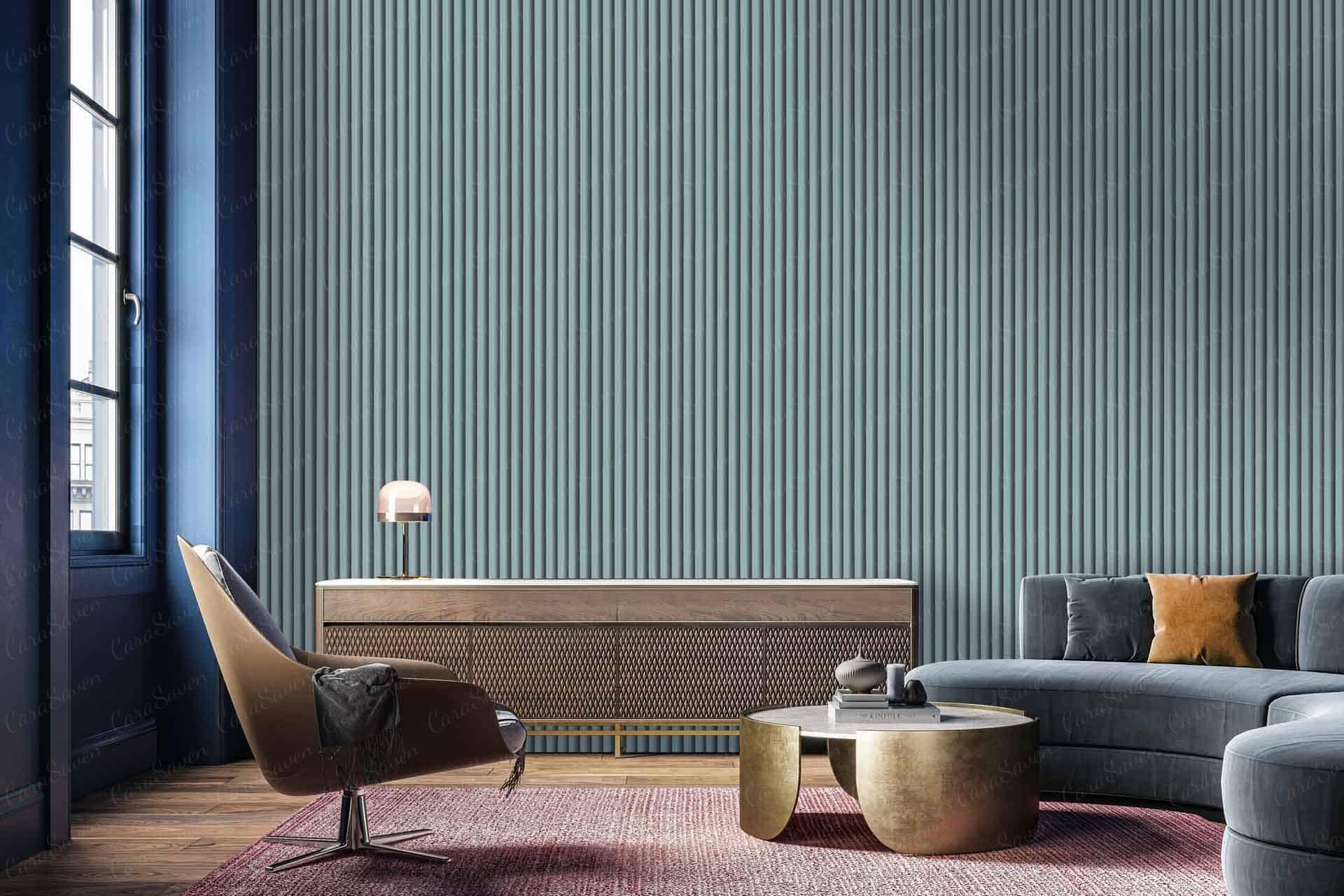 The wallpaper is a modern, ribbed design in light blue. The texture adds depth and visual interest to the accent wall, enhancing the room's contemporary feel with its subtle yet striking appearance. Light blue serves as the primary hue, creating a serene backdrop that complements the natural views outside and coordinates seamlessly with other furnishings in the living area.