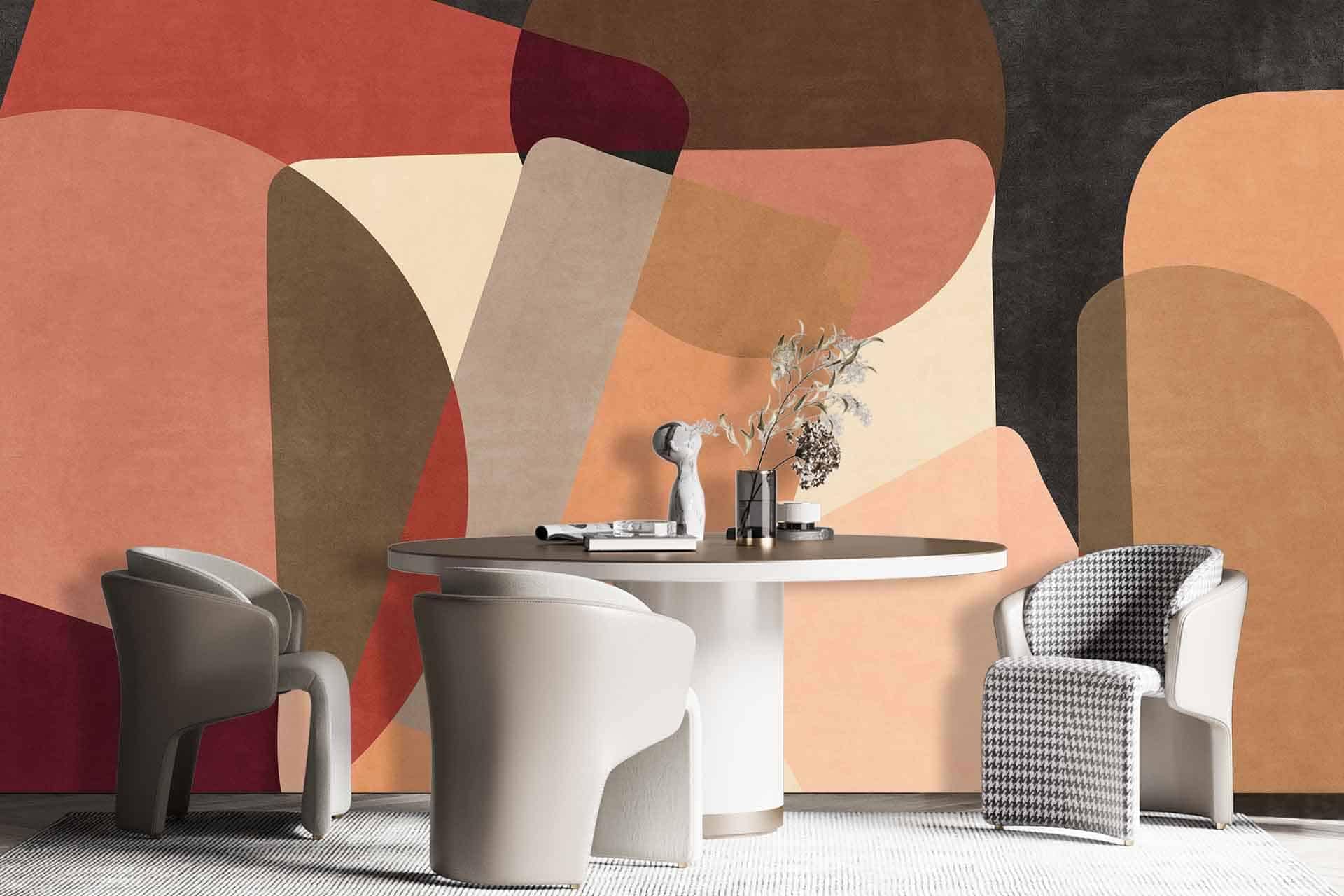 The wallpaper features a bold, abstract mural with large, overlapping colorful shapes. It showcases vibrant colors such as red, blue, yellow, green, and pink. The design exudes dynamic energy and adds an artistic flair to the dining room ambiance.